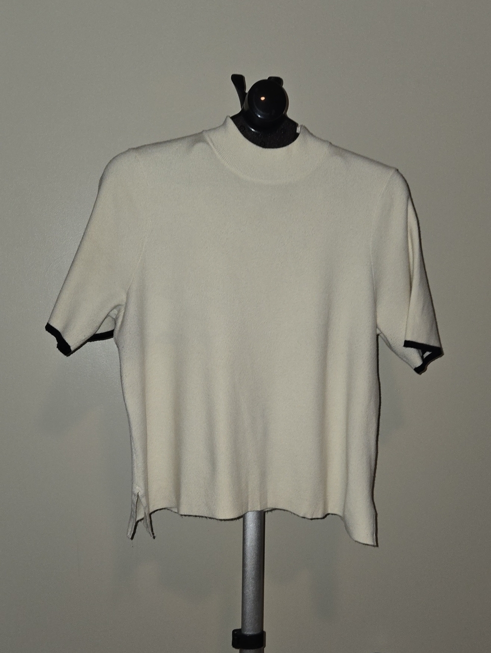 Anthropologie Cream Short-Sleeve Knit Top with Black Trim